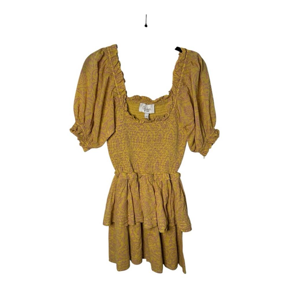 Cleobella Yellow Puff Sleeve Tiered Ruffle Mini Dress Smocked Detail XS
